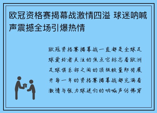 欧冠资格赛揭幕战激情四溢 球迷呐喊声震撼全场引爆热情