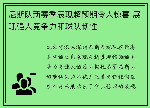 尼斯队新赛季表现超预期令人惊喜 展现强大竞争力和球队韧性