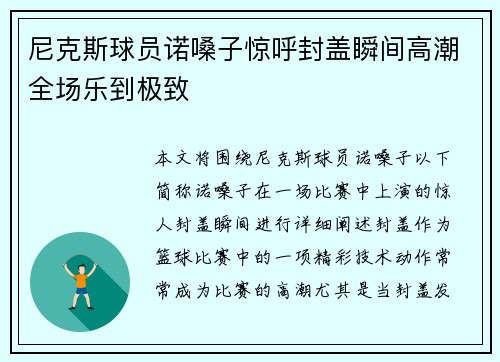 尼克斯球员诺嗓子惊呼封盖瞬间高潮全场乐到极致